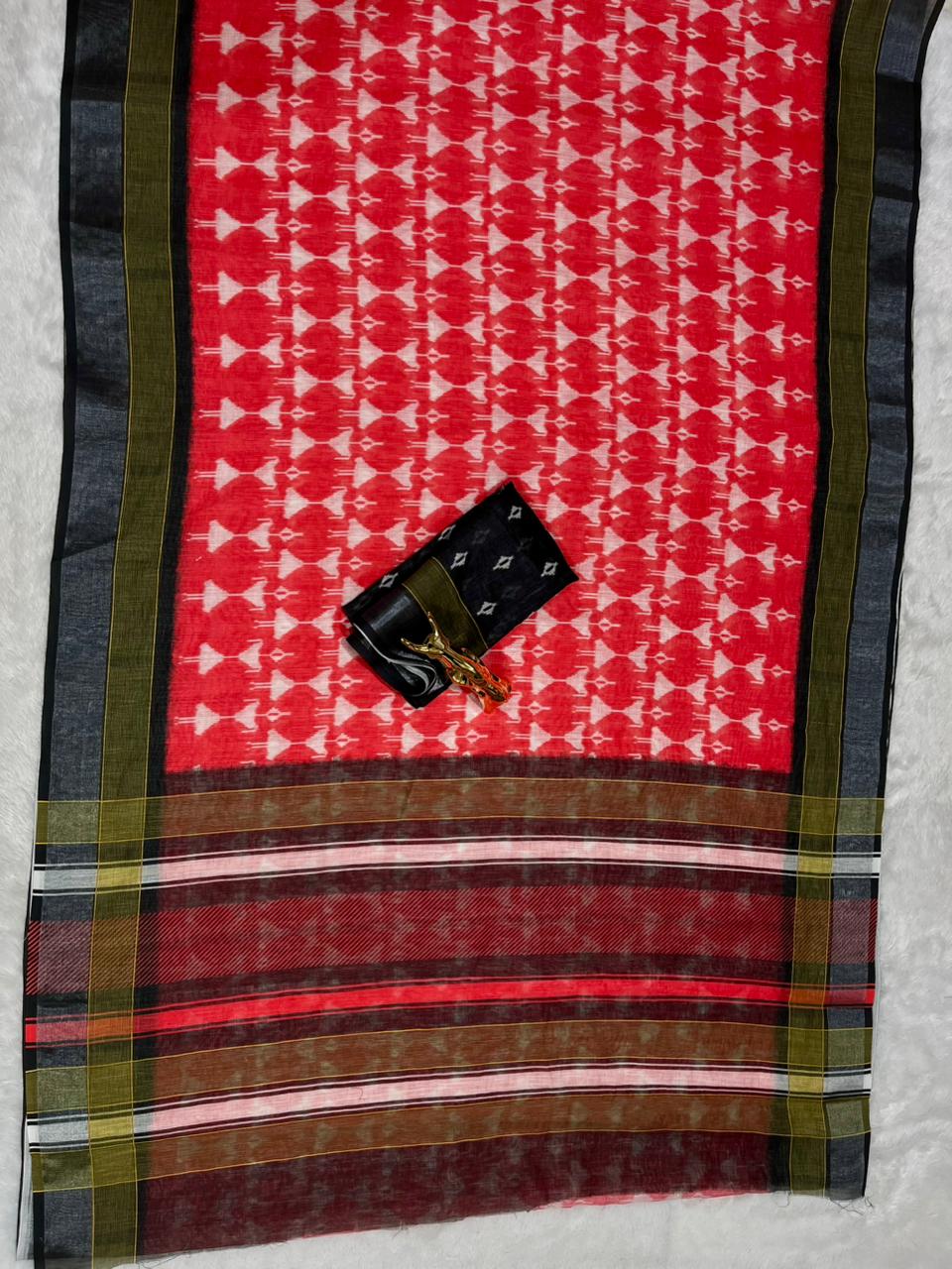 Soft Linen Cotton Saree with Ikkat Digital Prints & Silver Zari Border