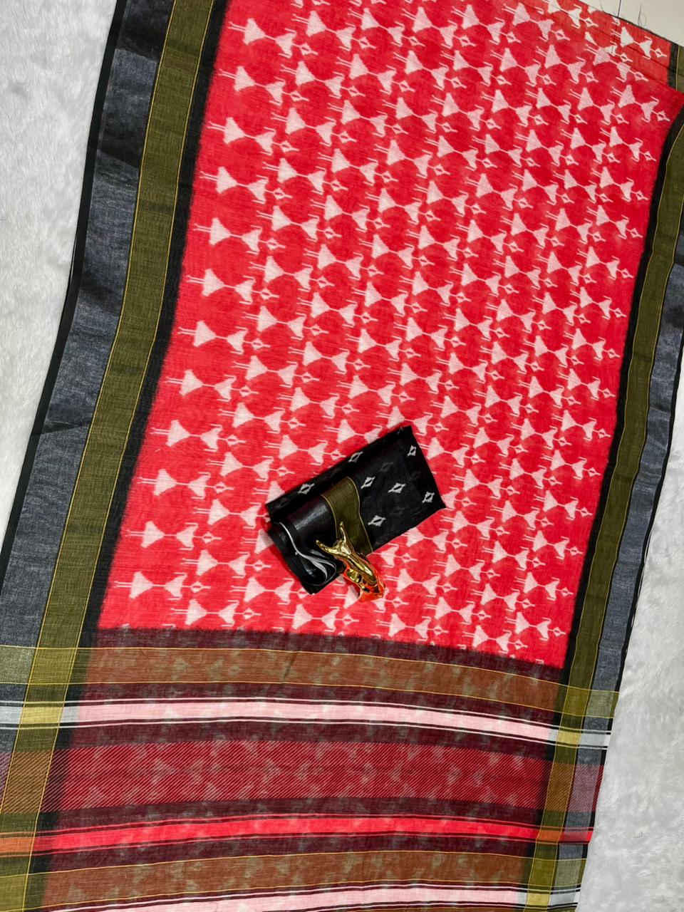 Soft Linen Cotton Saree with Ikkat Digital Prints & Silver Zari Border