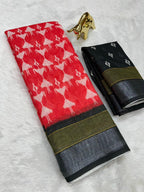 Soft Linen Cotton Saree with Ikkat Digital Prints & Silver Zari Border