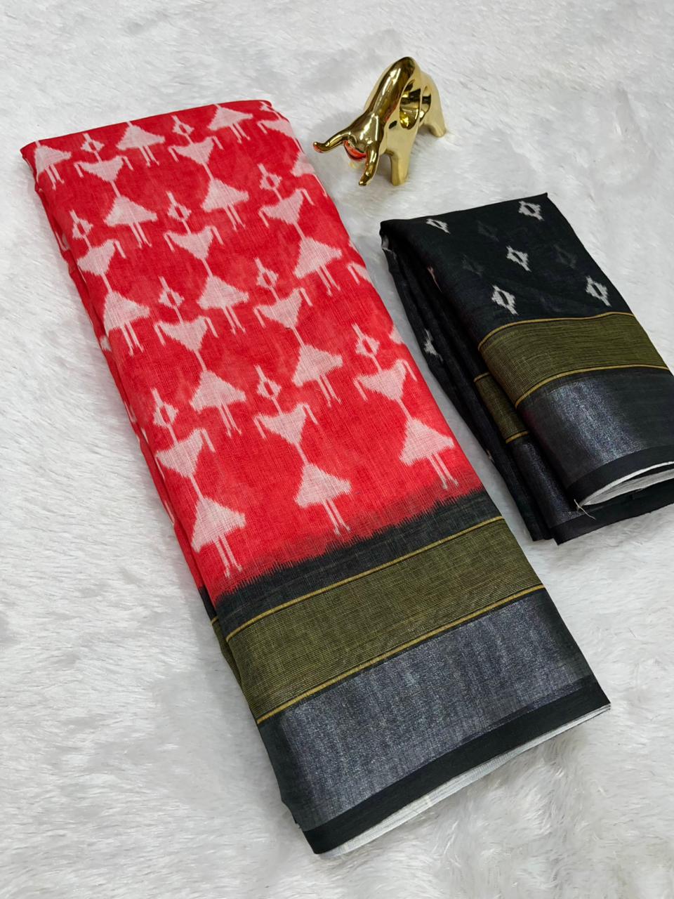 Soft Linen Cotton Saree with Ikkat Digital Prints & Silver Zari Border