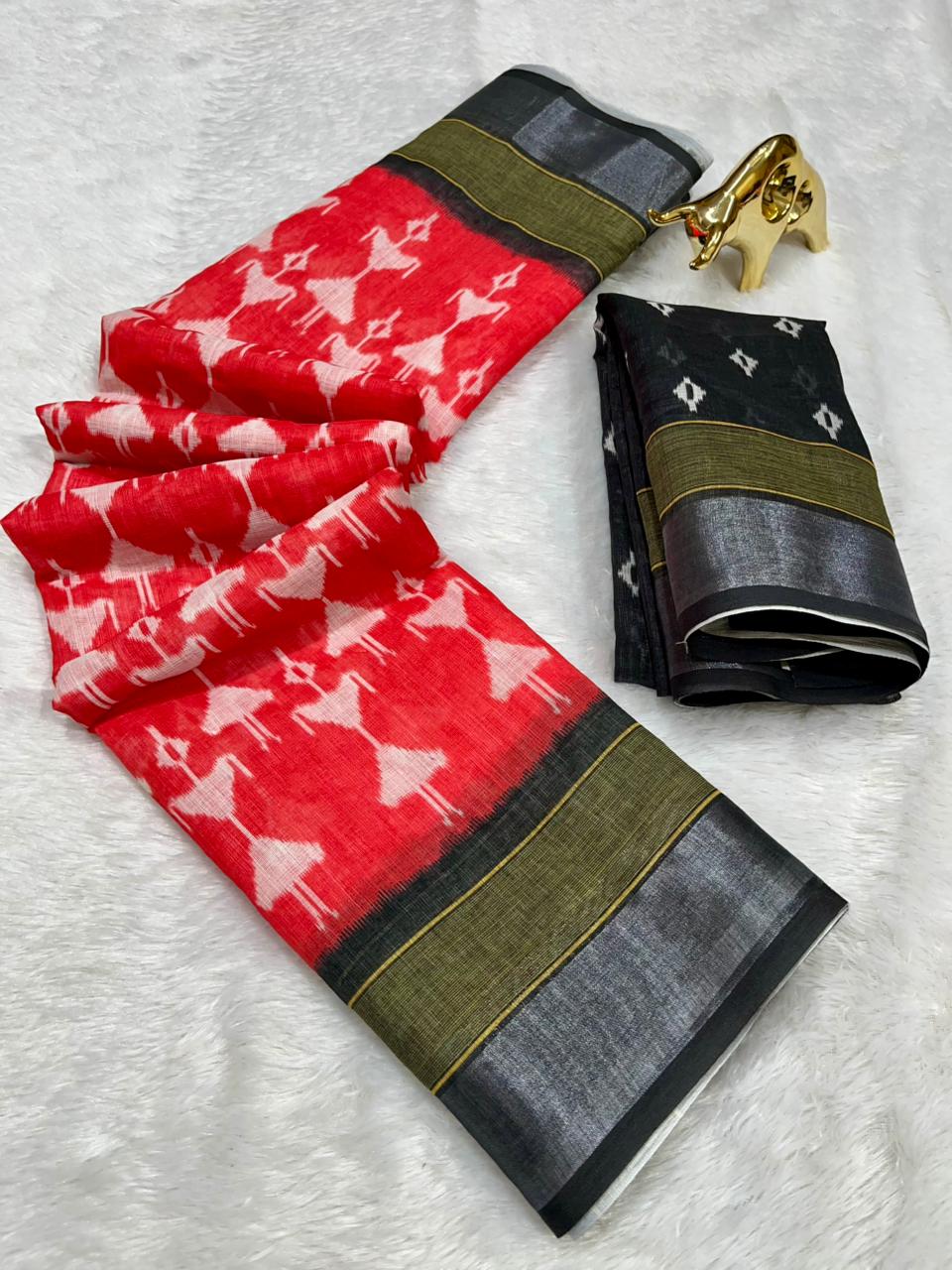 Soft Linen Cotton Saree with Ikkat Digital Prints & Silver Zari Border