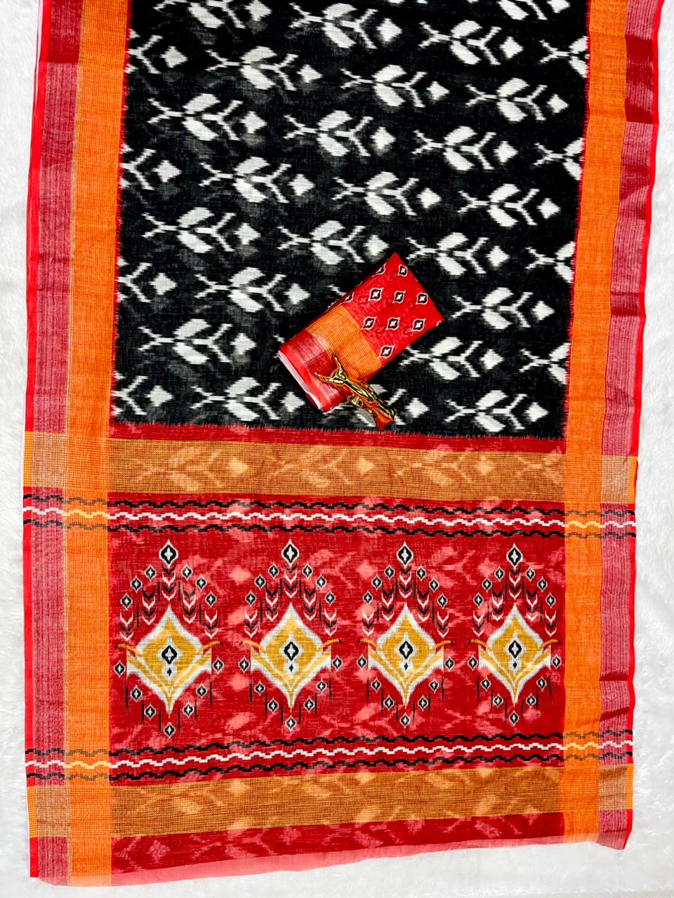 Soft Linen Cotton Saree with Ikkat Digital Prints & Silver Zari Border