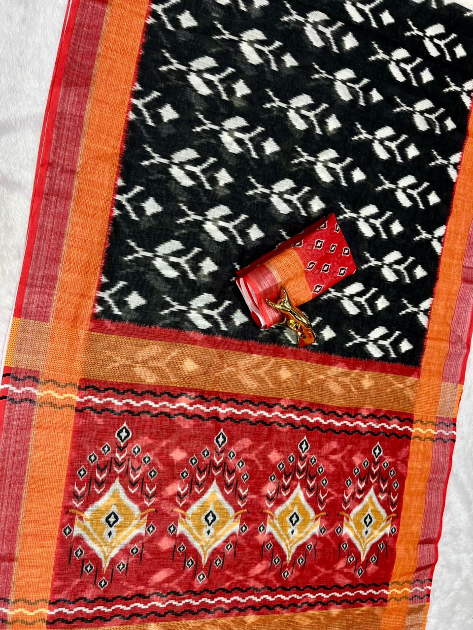 Soft Linen Cotton Saree with Ikkat Digital Prints & Silver Zari Border