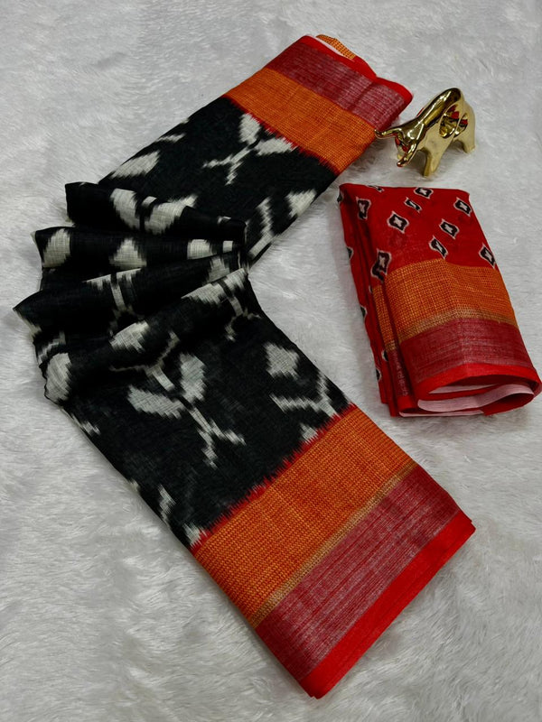 Soft Linen Cotton Saree with Ikkat Digital Prints & Silver Zari Border