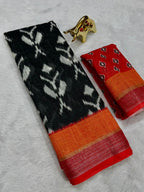 Soft Linen Cotton Saree with Ikkat Digital Prints & Silver Zari Border