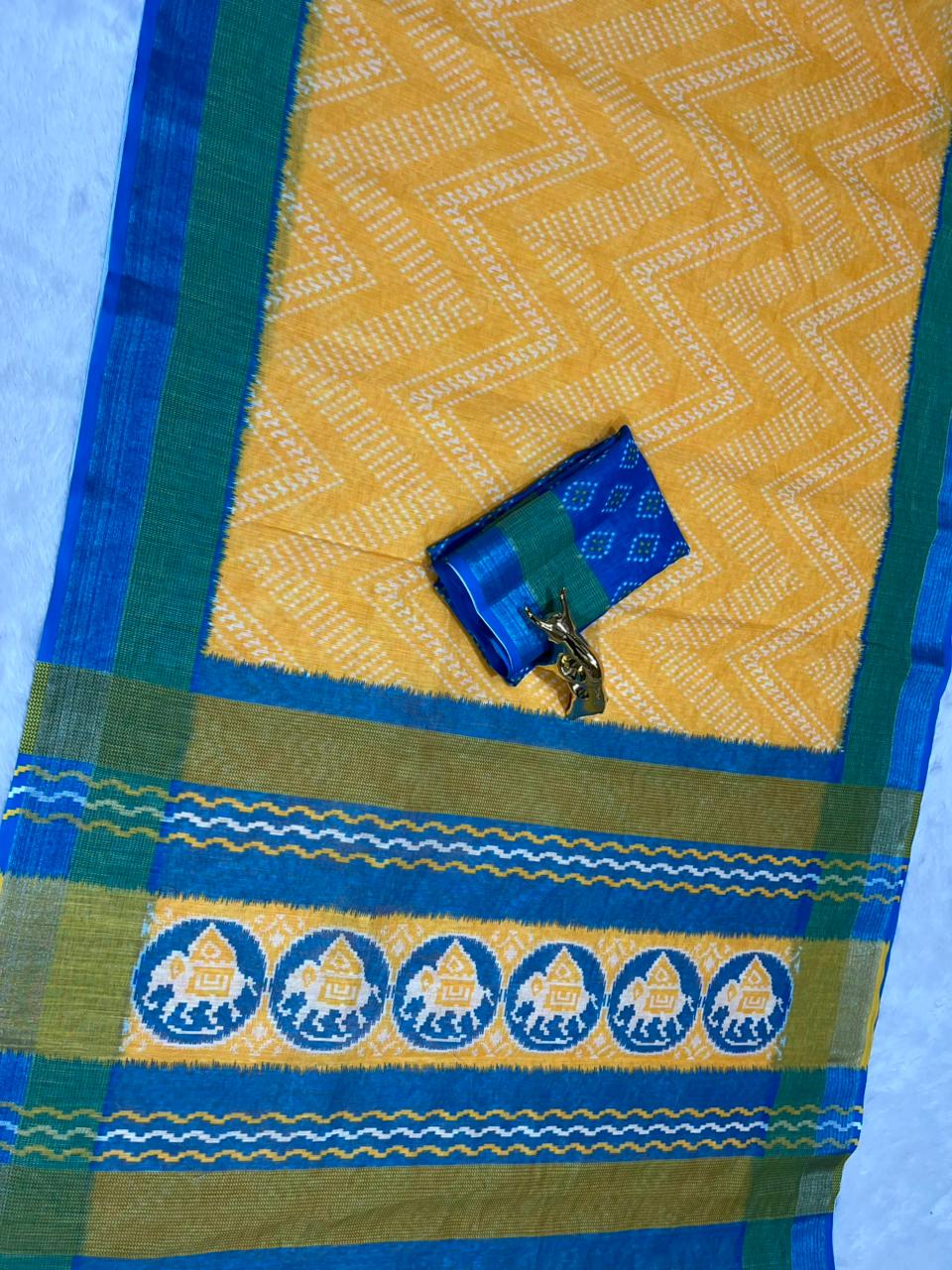 Soft Linen Cotton Saree with Ikkat Digital Prints & Silver Zari Border