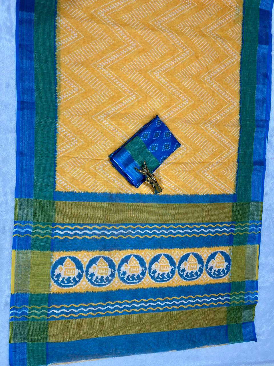 Soft Linen Cotton Saree with Ikkat Digital Prints & Silver Zari Border