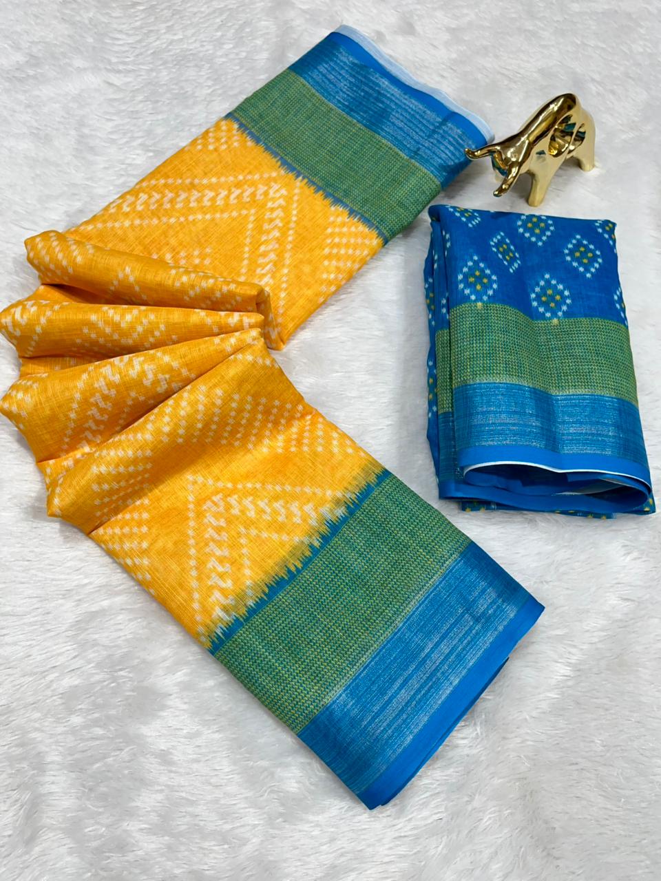 Soft Linen Cotton Saree with Ikkat Digital Prints & Silver Zari Border