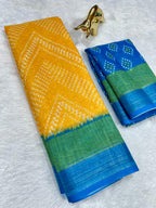 Soft Linen Cotton Saree with Ikkat Digital Prints & Silver Zari Border