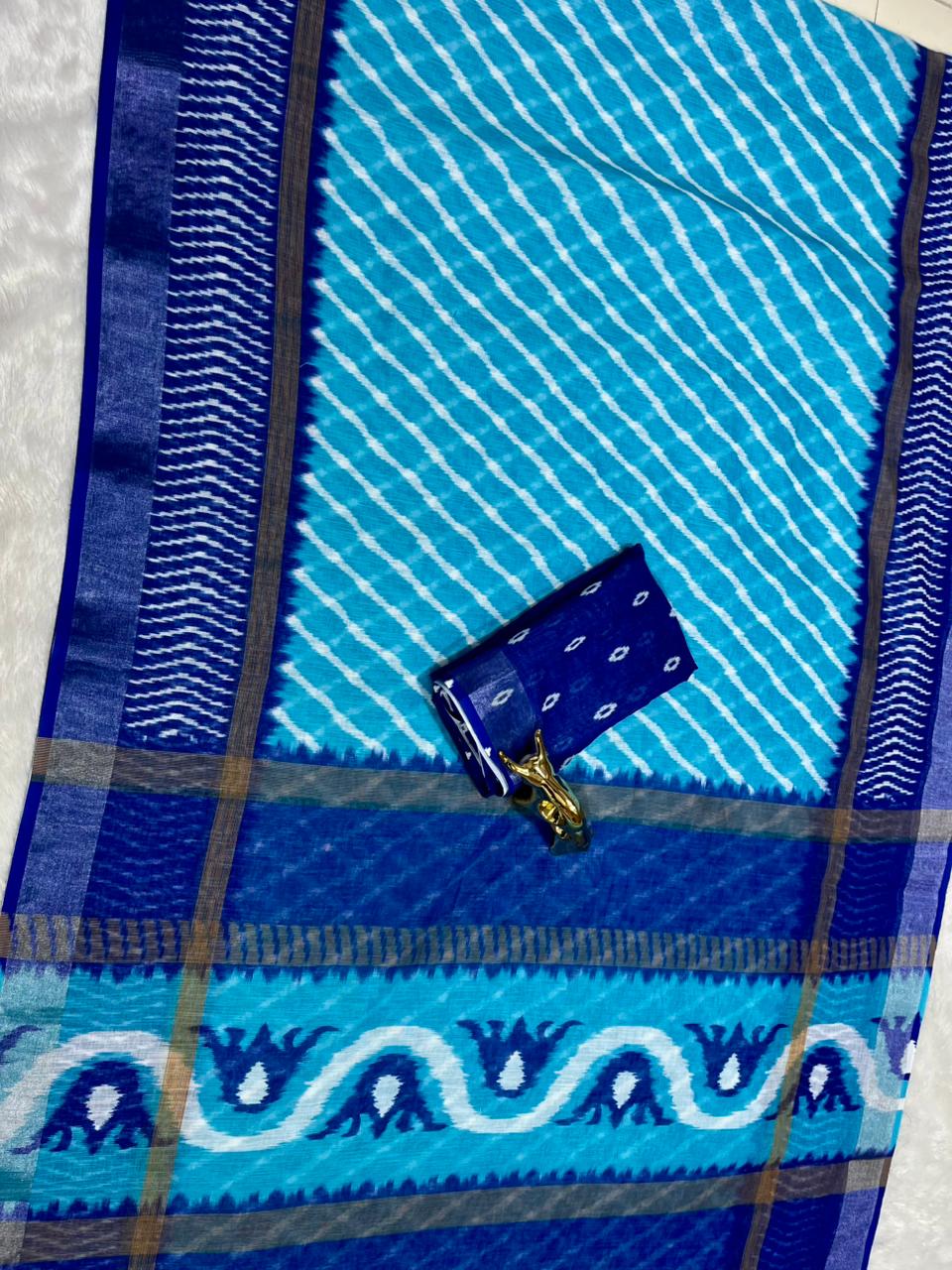 Soft Linen Cotton Saree with Ikkat Digital Prints & Silver Zari Border