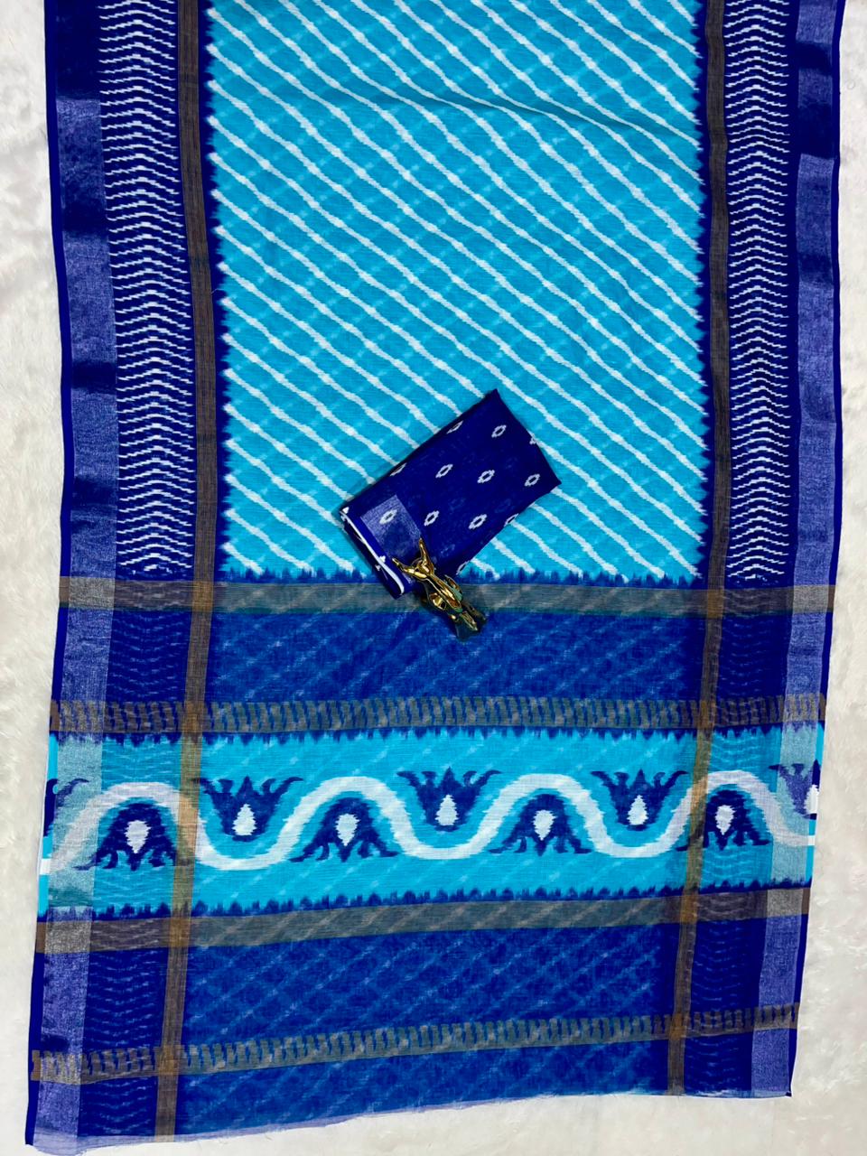 Soft Linen Cotton Saree with Ikkat Digital Prints & Silver Zari Border