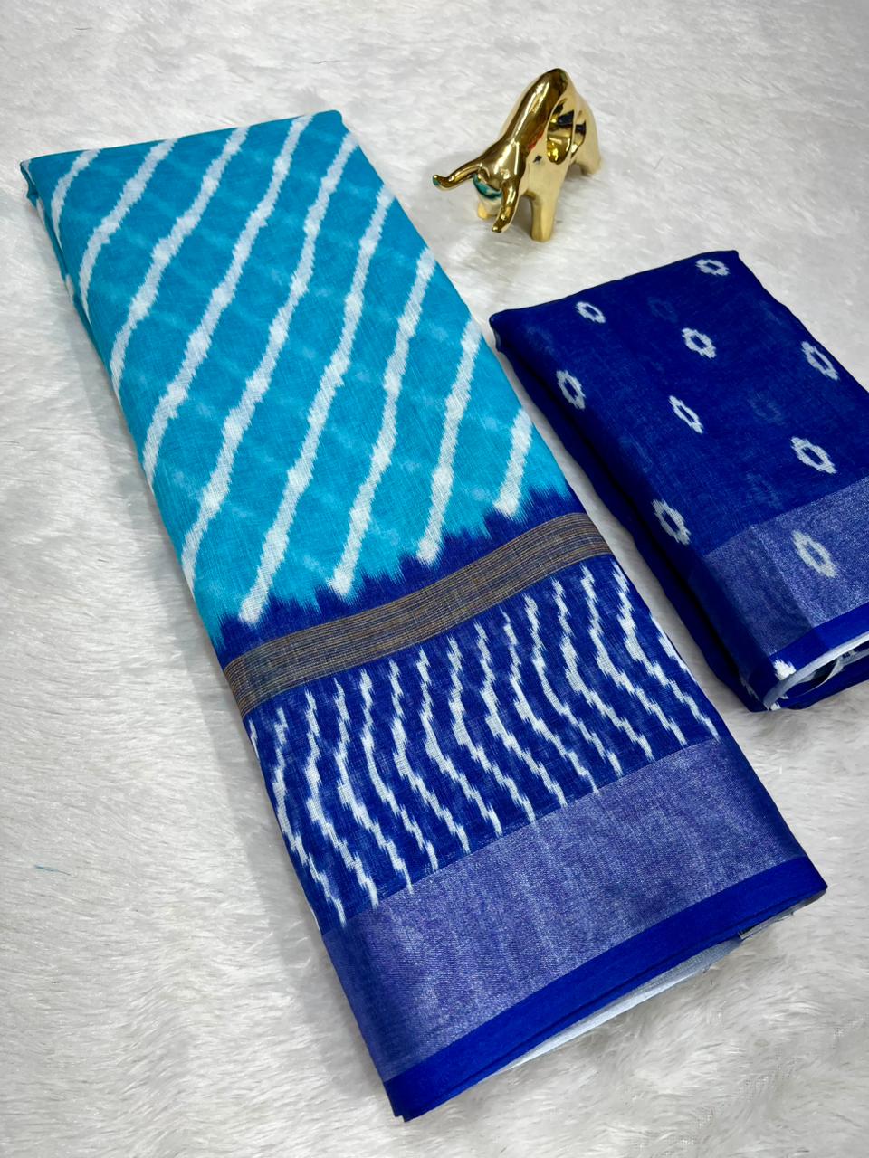 Soft Linen Cotton Saree with Ikkat Digital Prints & Silver Zari Border