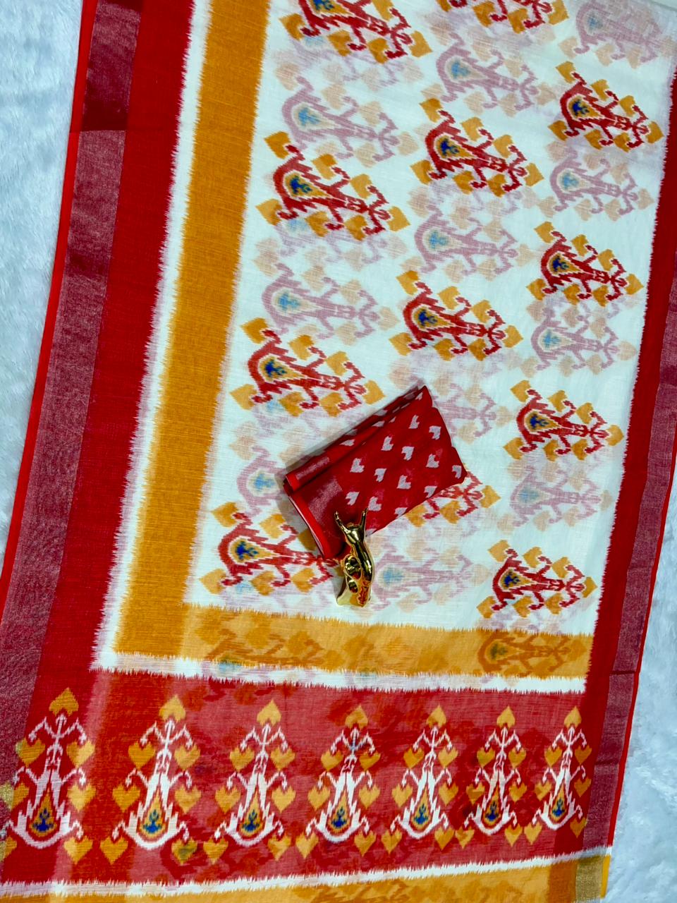 Soft Linen Cotton Saree with Ikkat Digital Prints & Silver Zari Border