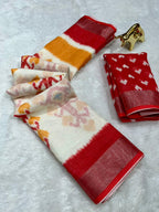 Soft Linen Cotton Saree with Ikkat Digital Prints & Silver Zari Border