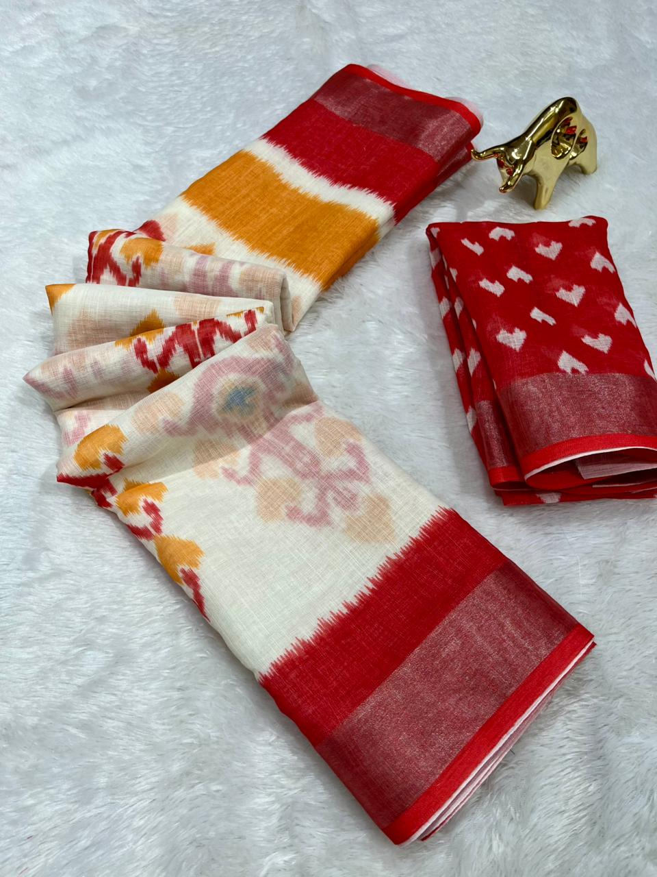 Soft Linen Cotton Saree with Ikkat Digital Prints & Silver Zari Border