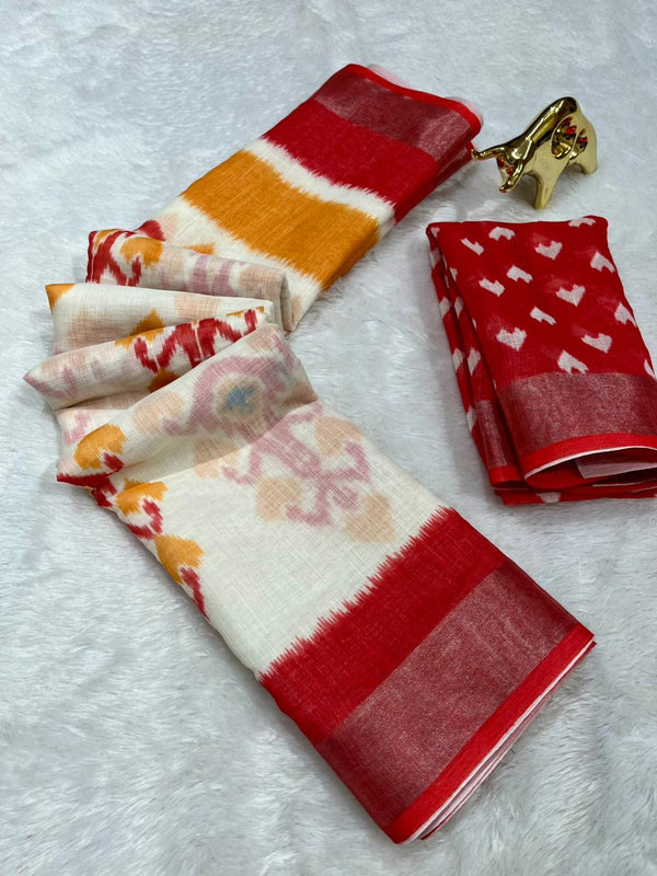 Soft Linen Cotton Saree with Ikkat Digital Prints & Silver Zari Border