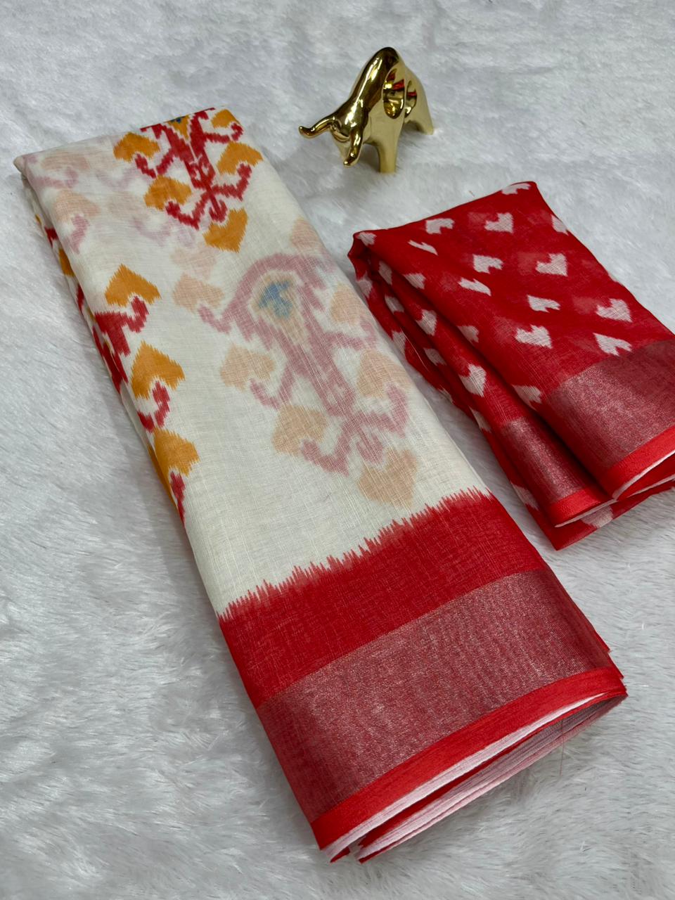 Soft Linen Cotton Saree with Ikkat Digital Prints & Silver Zari Border