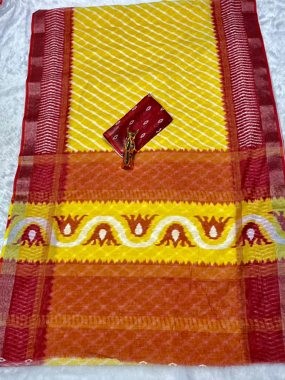 Soft Linen Cotton Saree with Ikkat Digital Prints & Silver Zari Border