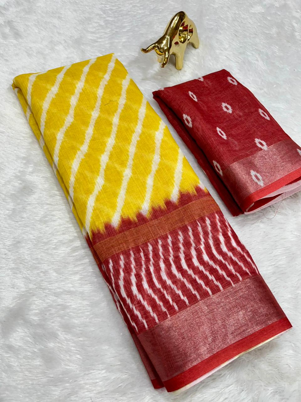 Soft Linen Cotton Saree with Ikkat Digital Prints & Silver Zari Border