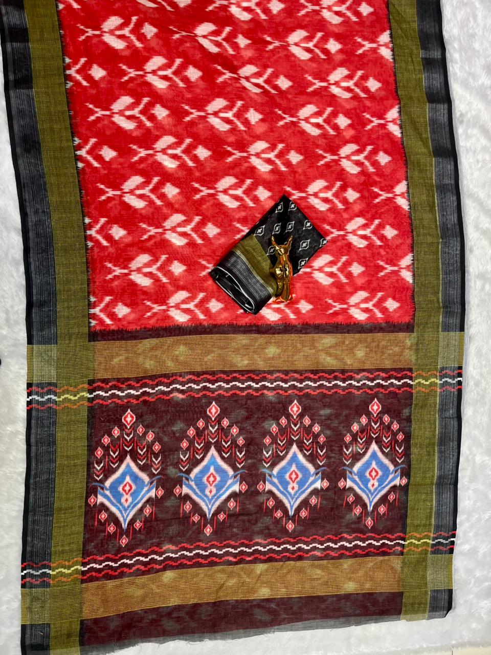 Soft Linen Cotton Saree with Ikkat Digital Prints & Silver Zari Border