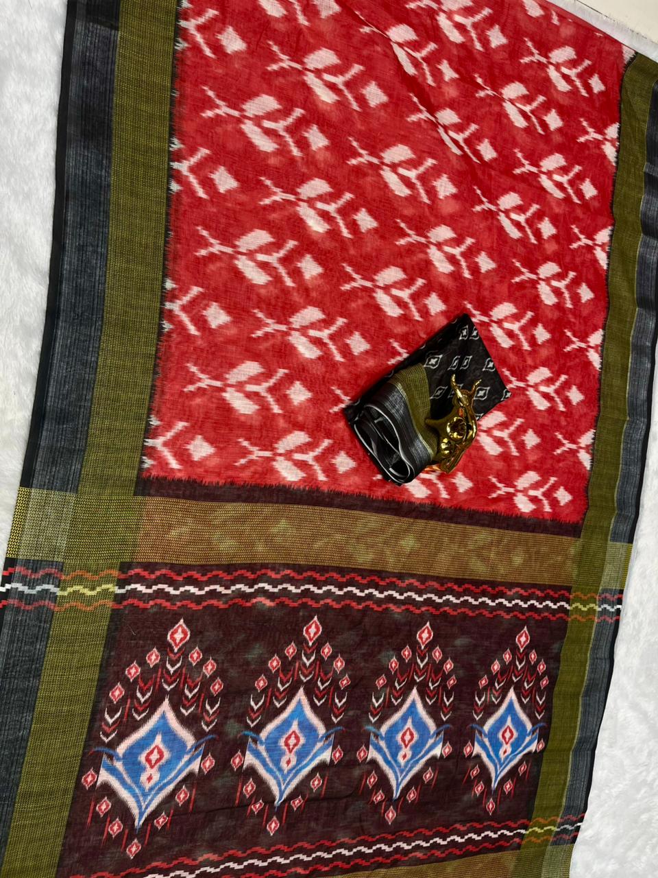 Soft Linen Cotton Saree with Ikkat Digital Prints & Silver Zari Border