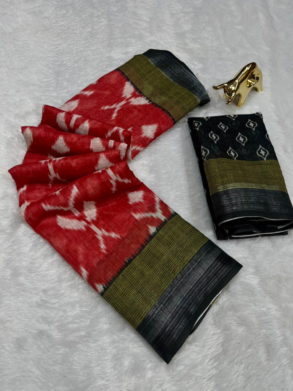 Soft Linen Cotton Saree with Ikkat Digital Prints & Silver Zari Border