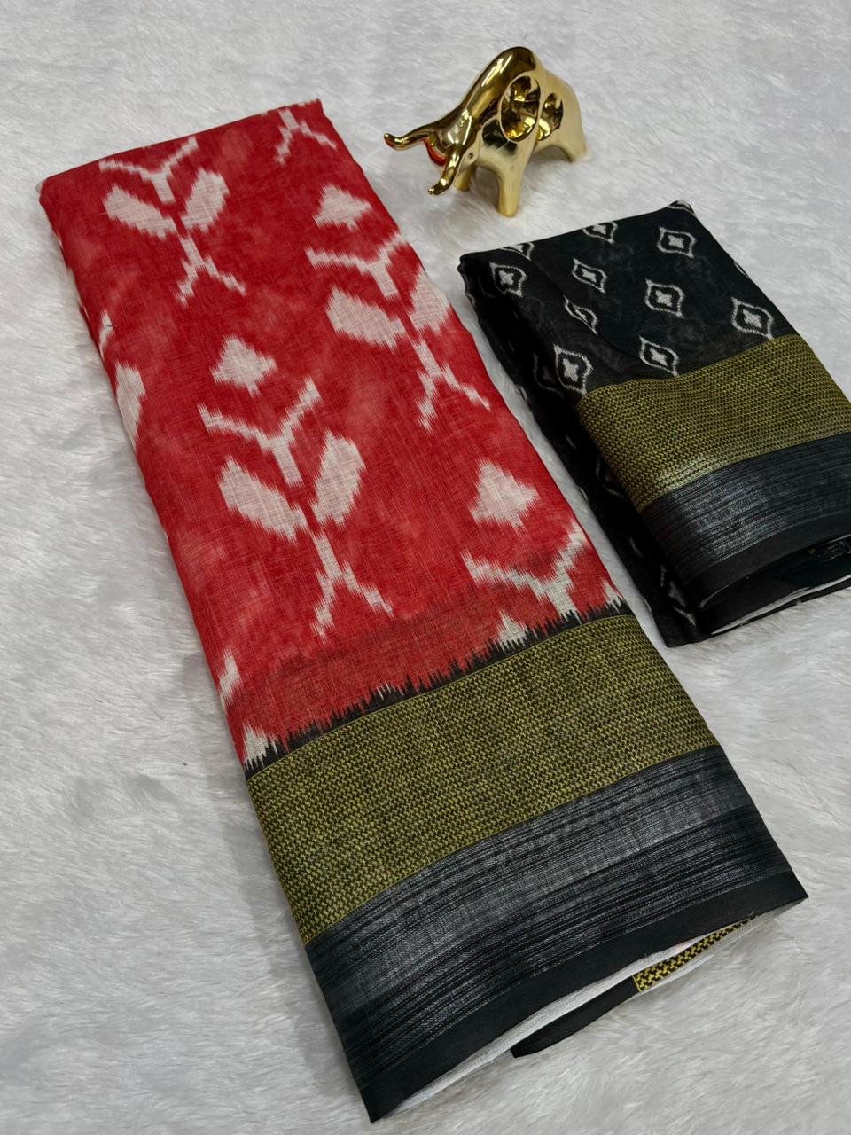 Soft Linen Cotton Saree with Ikkat Digital Prints & Silver Zari Border