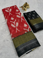 Soft Linen Cotton Saree with Ikkat Digital Prints & Silver Zari Border