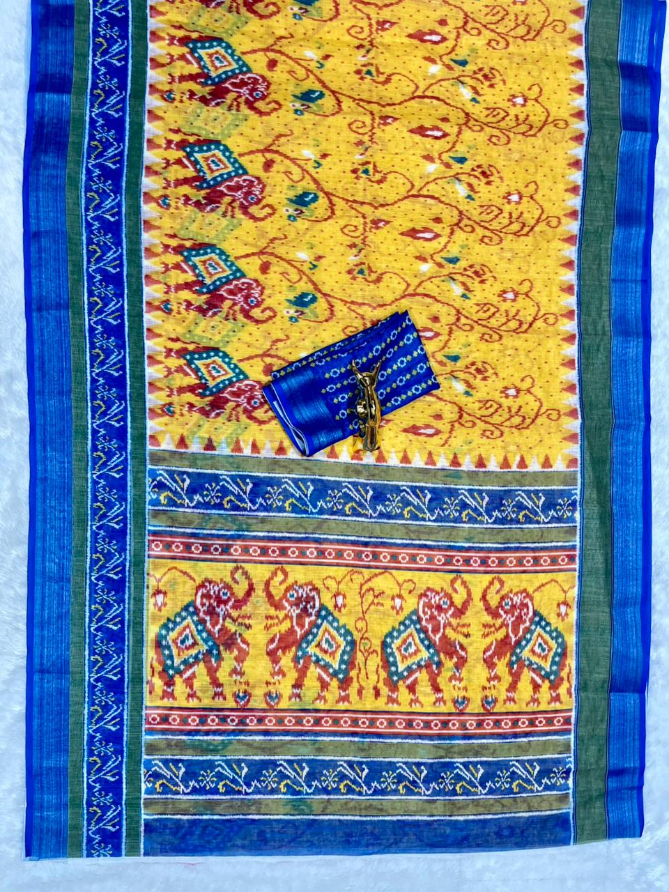 Soft Linen Cotton Saree with Ikkat Digital Prints & Silver Zari Border