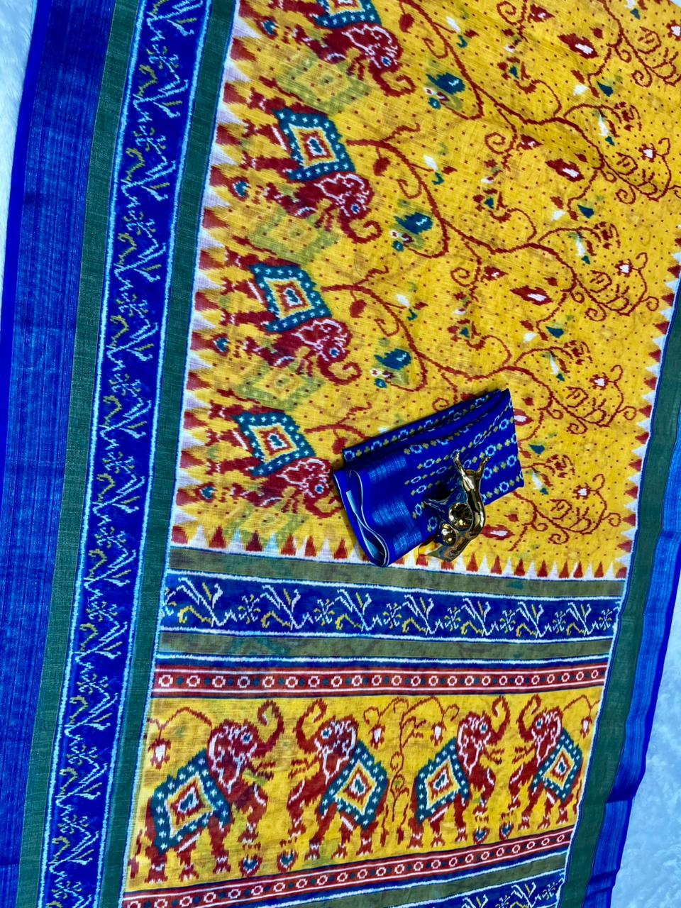 Soft Linen Cotton Saree with Ikkat Digital Prints & Silver Zari Border