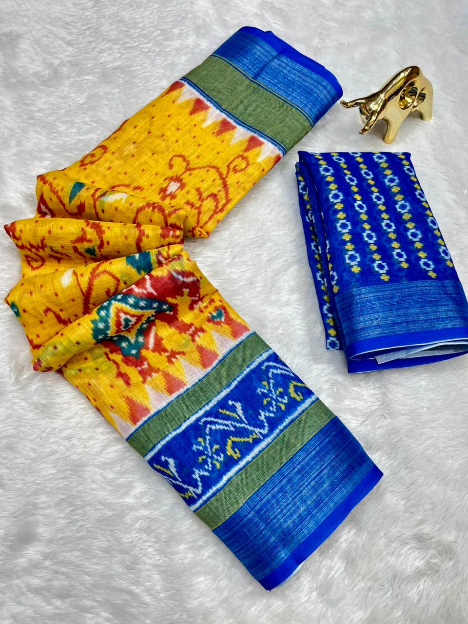 Soft Linen Cotton Saree with Ikkat Digital Prints & Silver Zari Border