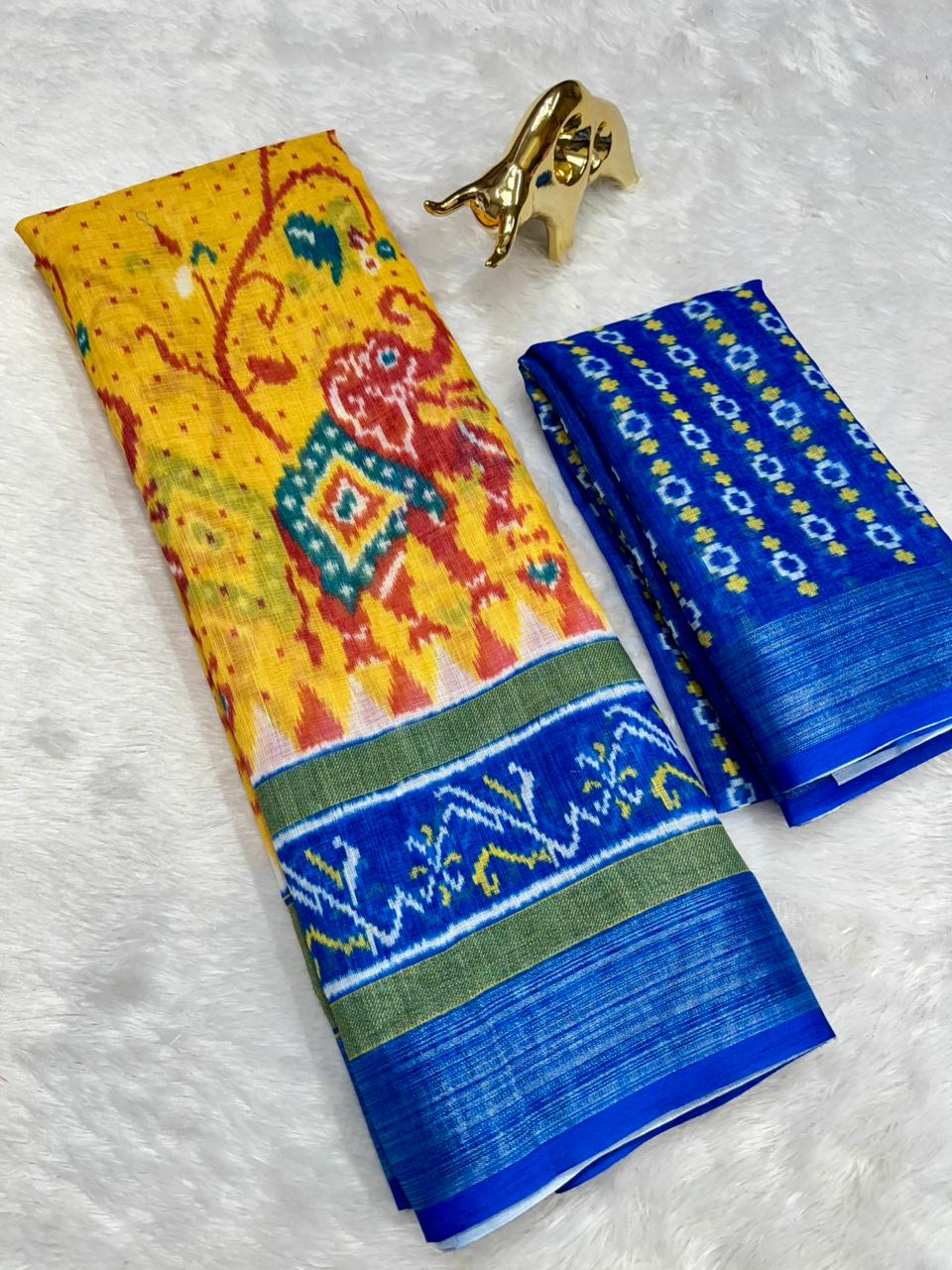 Soft Linen Cotton Saree with Ikkat Digital Prints & Silver Zari Border