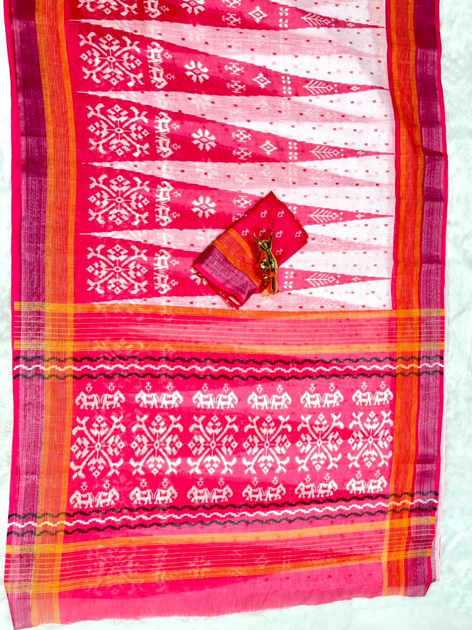 Soft Linen Cotton Saree with Ikkat Digital Prints & Silver Zari Border