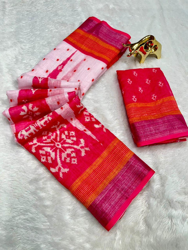 Soft Linen Cotton Saree with Ikkat Digital Prints & Silver Zari Border