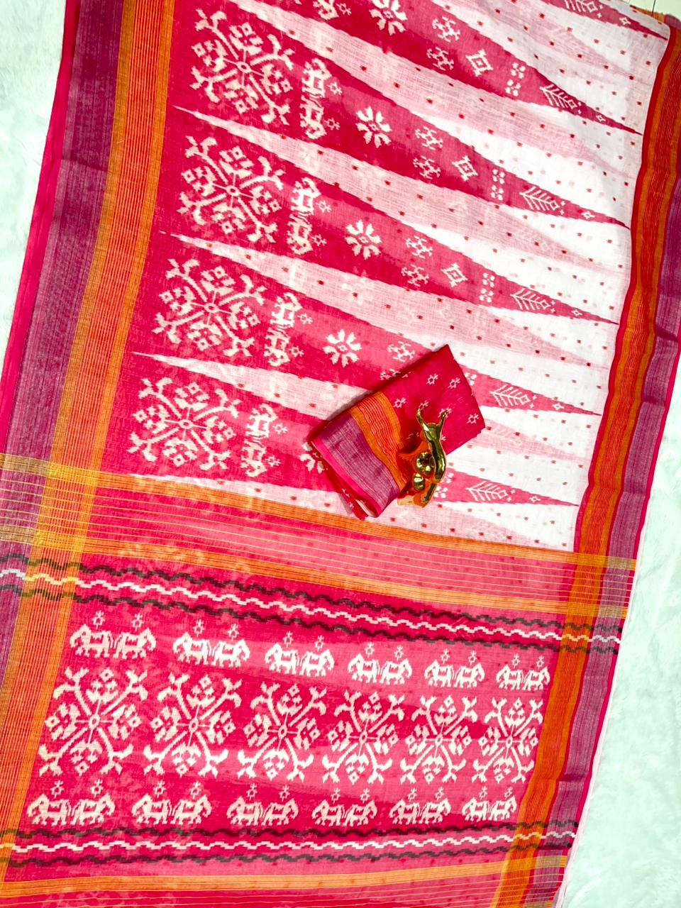 Soft Linen Cotton Saree with Ikkat Digital Prints & Silver Zari Border