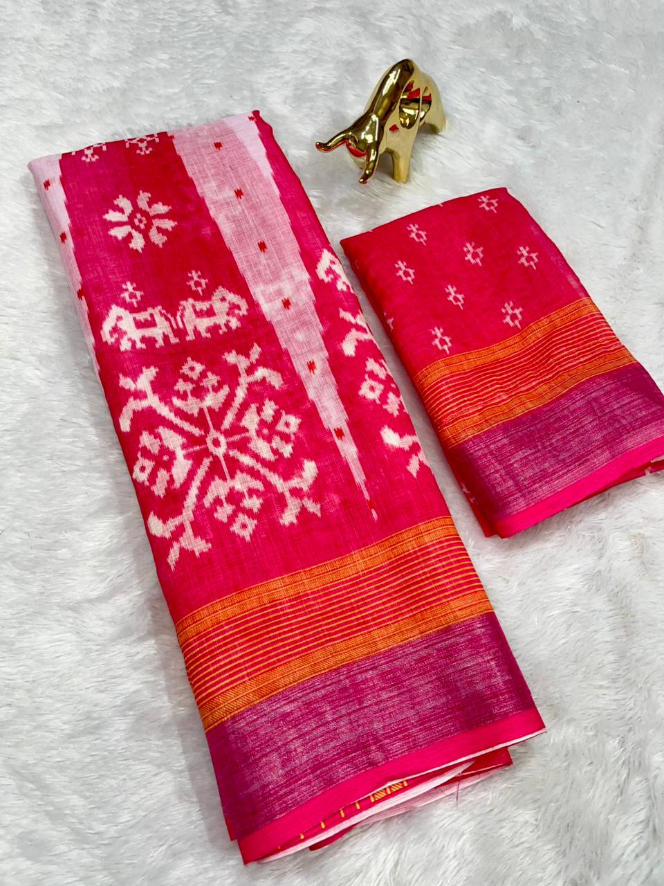 Soft Linen Cotton Saree with Ikkat Digital Prints & Silver Zari Border