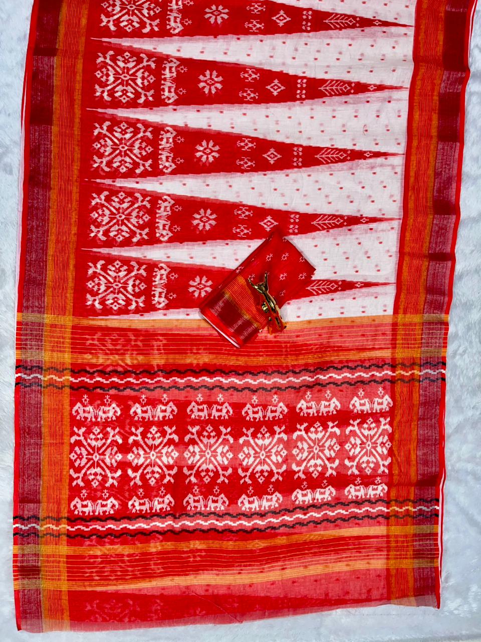 Soft Linen Cotton Saree with Ikkat Digital Prints & Silver Zari Border
