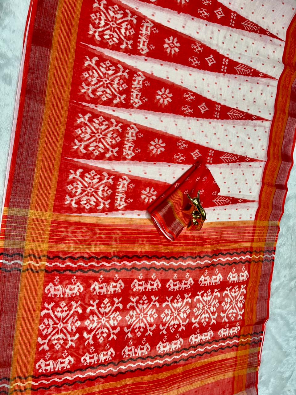 Soft Linen Cotton Saree with Ikkat Digital Prints & Silver Zari Border