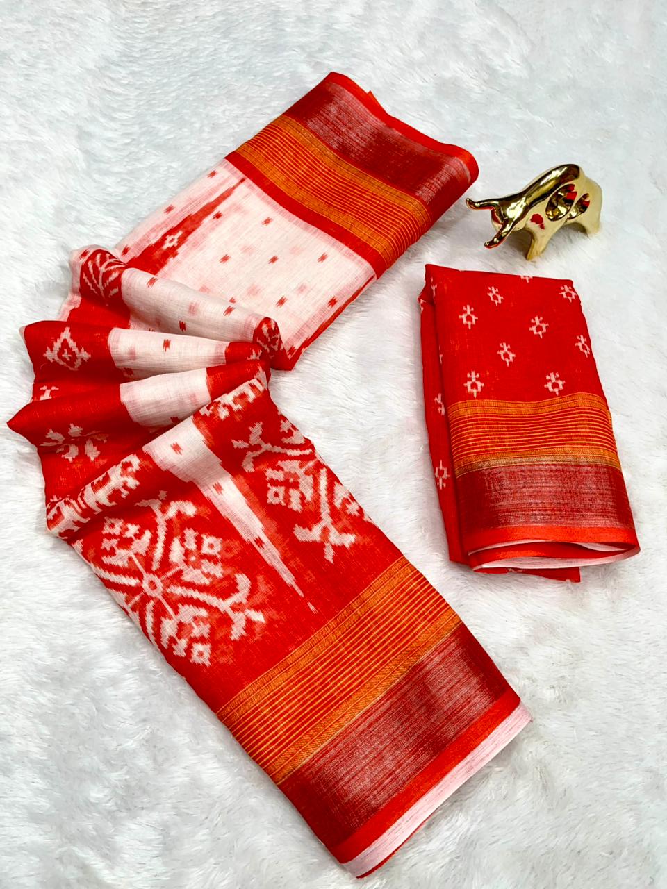 Soft Linen Cotton Saree with Ikkat Digital Prints & Silver Zari Border