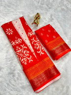 Soft Linen Cotton Saree with Ikkat Digital Prints & Silver Zari Border