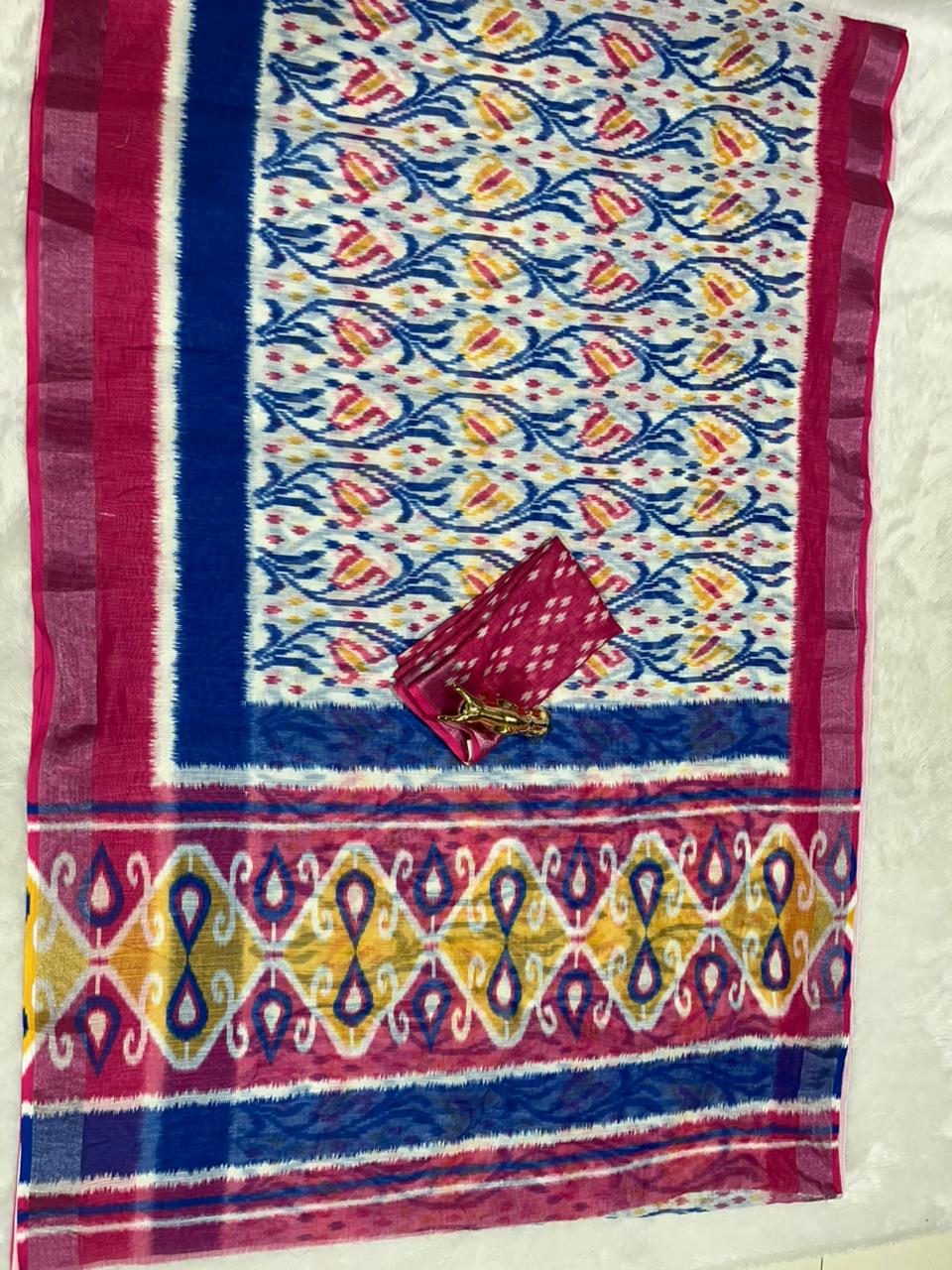 Soft Linen Cotton Saree with Ikkat Digital Prints & Silver Zari Border