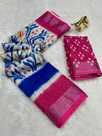 Soft Linen Cotton Saree with Ikkat Digital Prints & Silver Zari Border