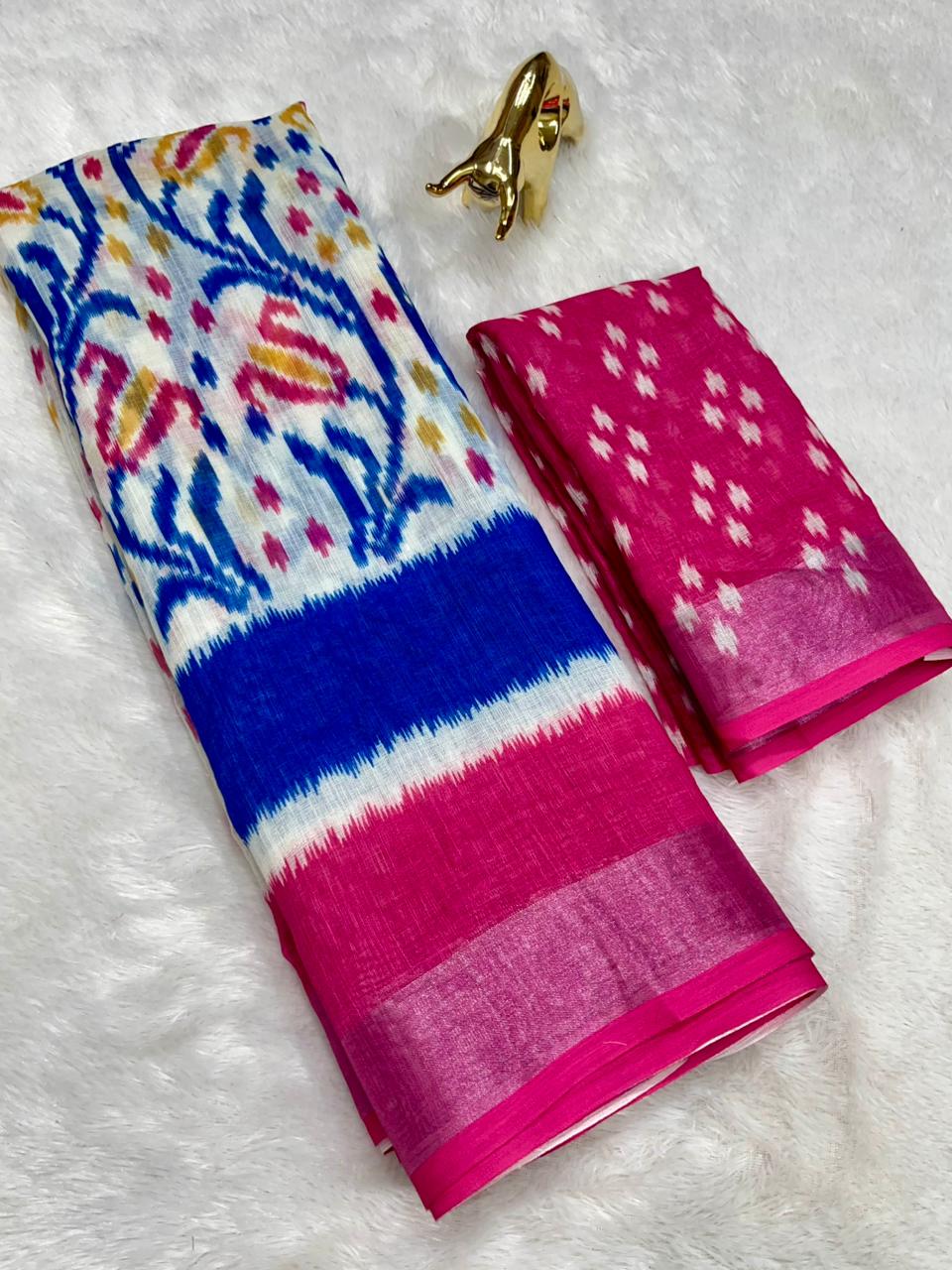 Soft Linen Cotton Saree with Ikkat Digital Prints & Silver Zari Border