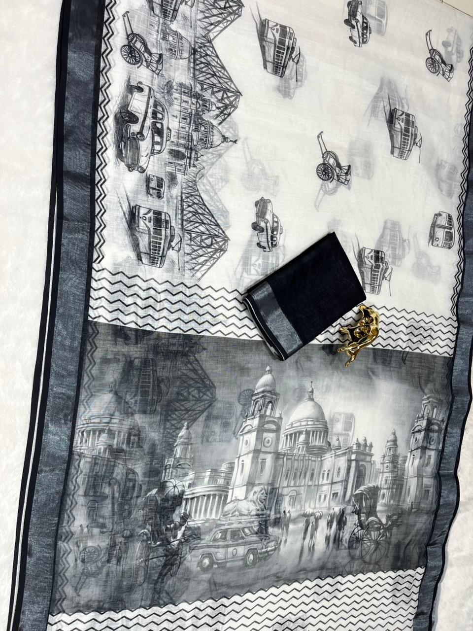 Soft Linen Cotton Saree with Sketch Digital Prints & Silver Zari Border