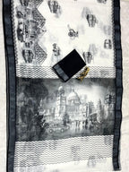 Soft Linen Cotton Saree with Sketch Digital Prints & Silver Zari Border