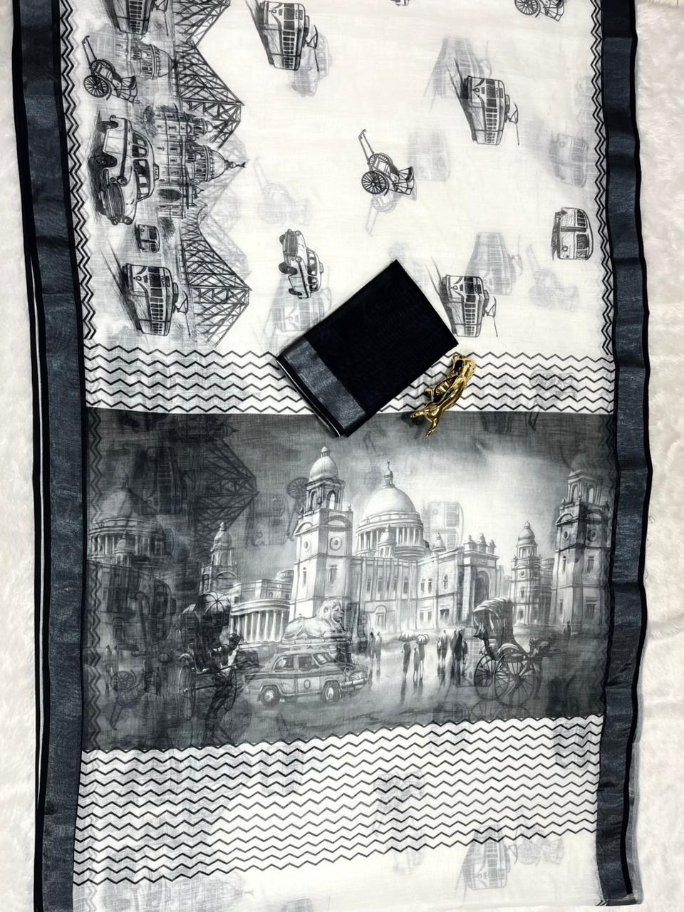 Soft Linen Cotton Saree with Sketch Digital Prints & Silver Zari Border