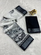 Soft Linen Cotton Saree with Sketch Digital Prints & Silver Zari Border