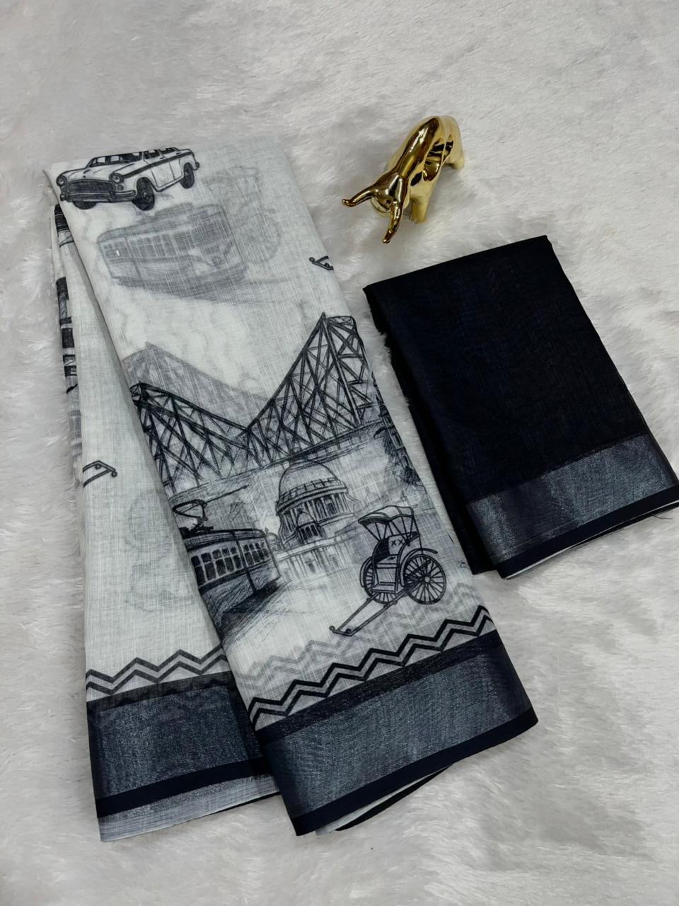 Soft Linen Cotton Saree with Sketch Digital Prints & Silver Zari Border