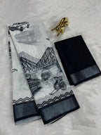 Soft Linen Cotton Saree with Sketch Digital Prints & Silver Zari Border