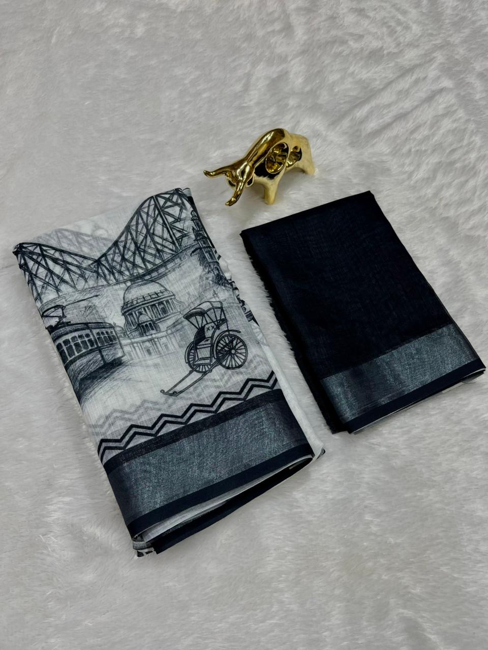 Soft Linen Cotton Saree with Sketch Digital Prints & Silver Zari Border